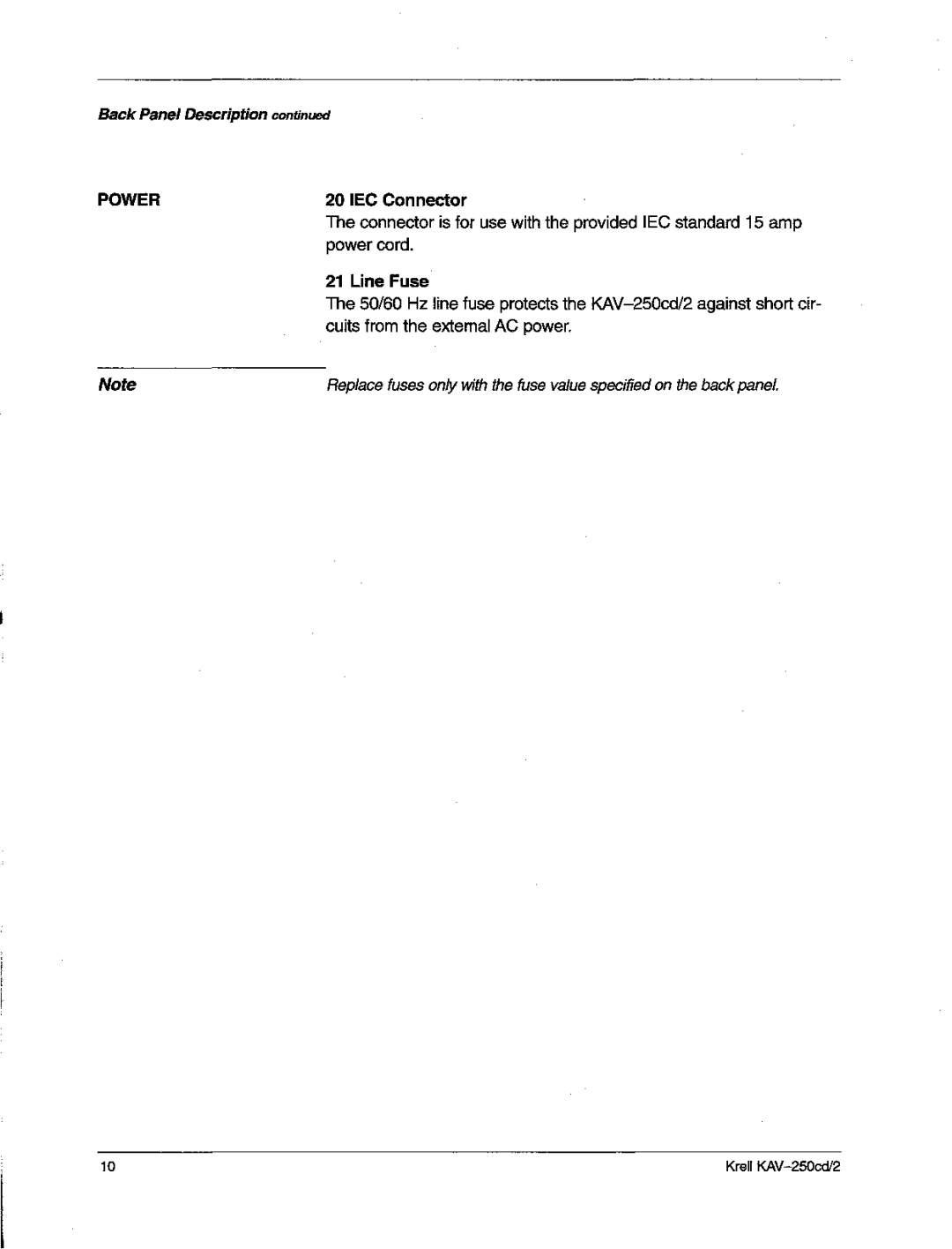 Krell Industries KAV-250cd/2 manual Power, IEC Connector 