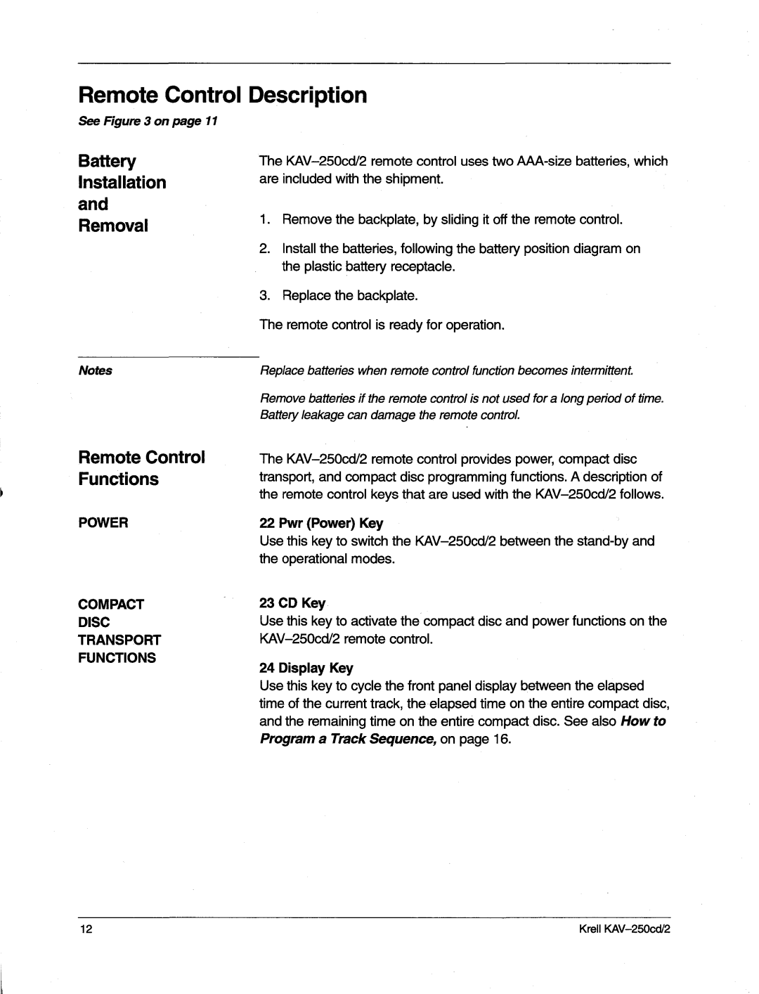 Krell Industries KAV-250cd/2 manual RemoteControl Description, Battery Installation and Removal 