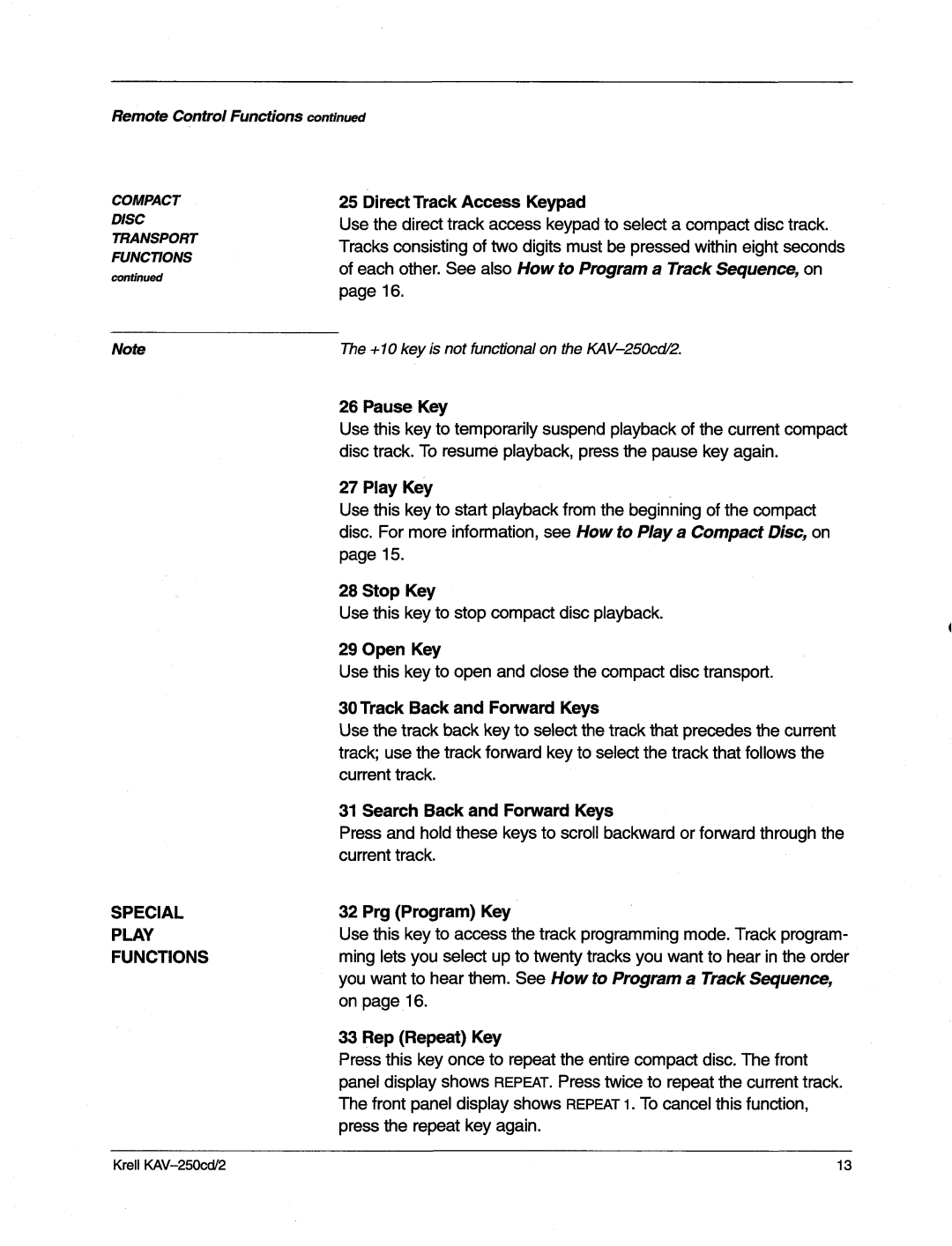 Krell Industries KAV-250cd/2 manual Special Play Functions 