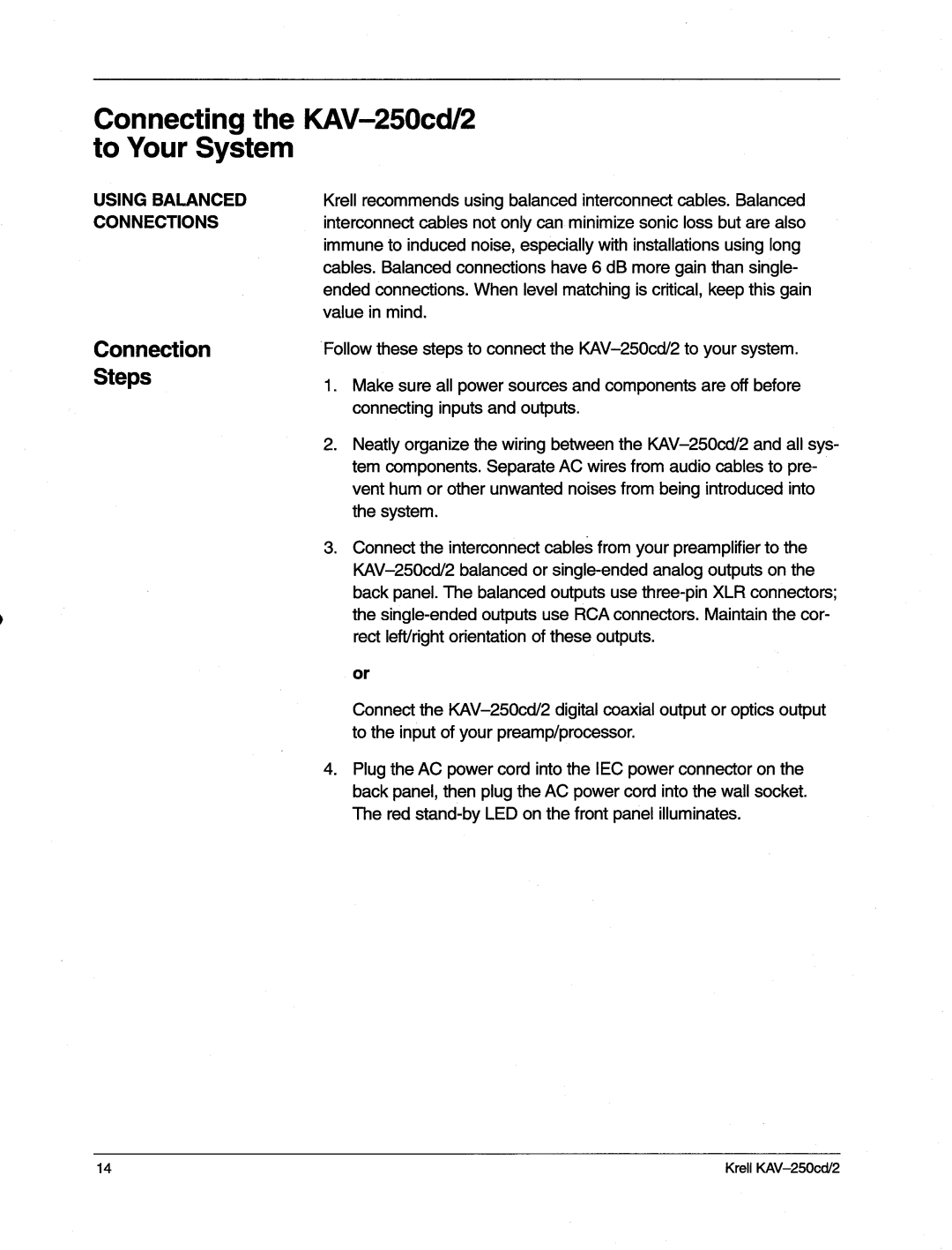 Krell Industries manual Connecting the KAV-250cd/2 to Your System, Connection Steps 