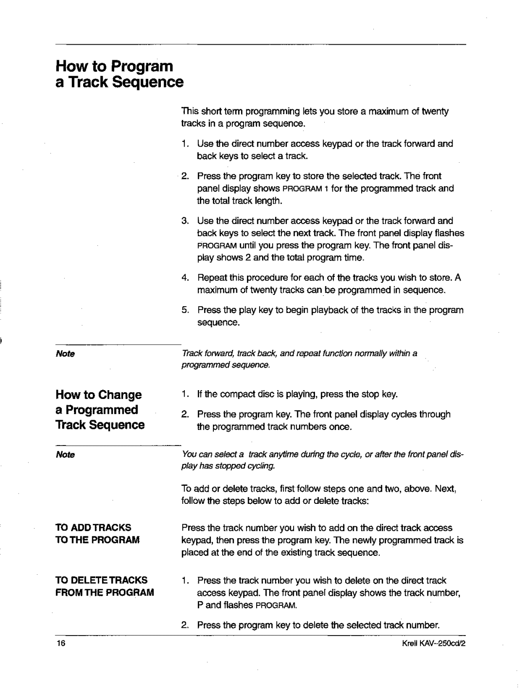 Krell Industries KAV-250cd/2 manual Howto Program Track Sequence, Howto Change Programmed Track Sequence 