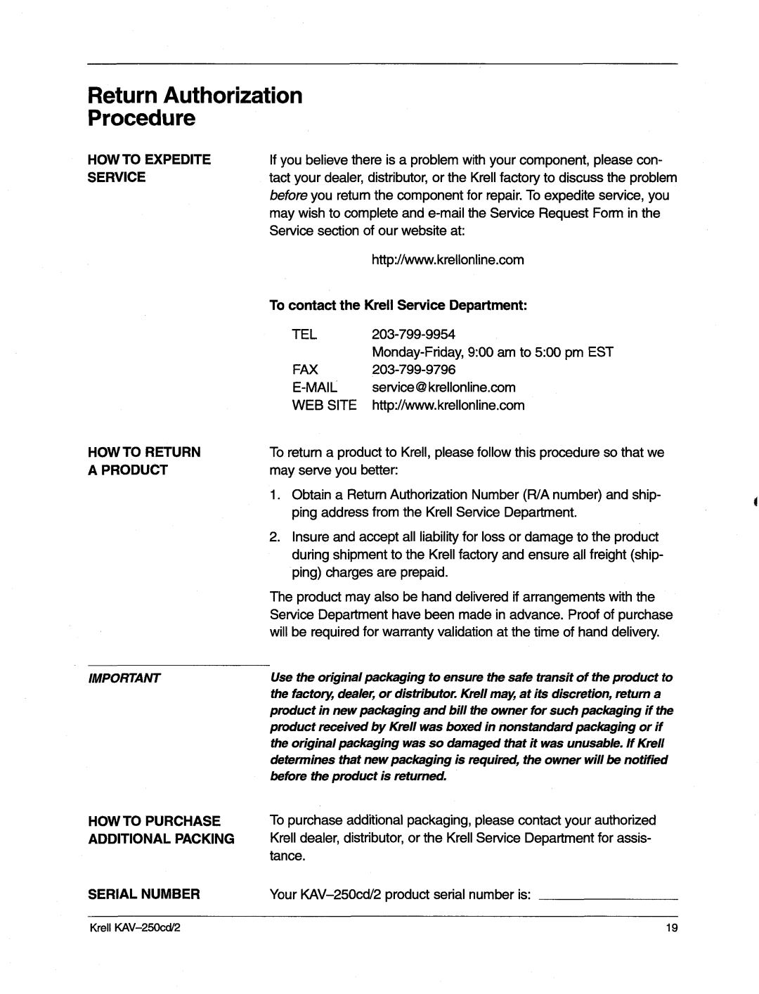 Krell Industries KAV-250cd/2 manual ReturnAuthorization Procedure 