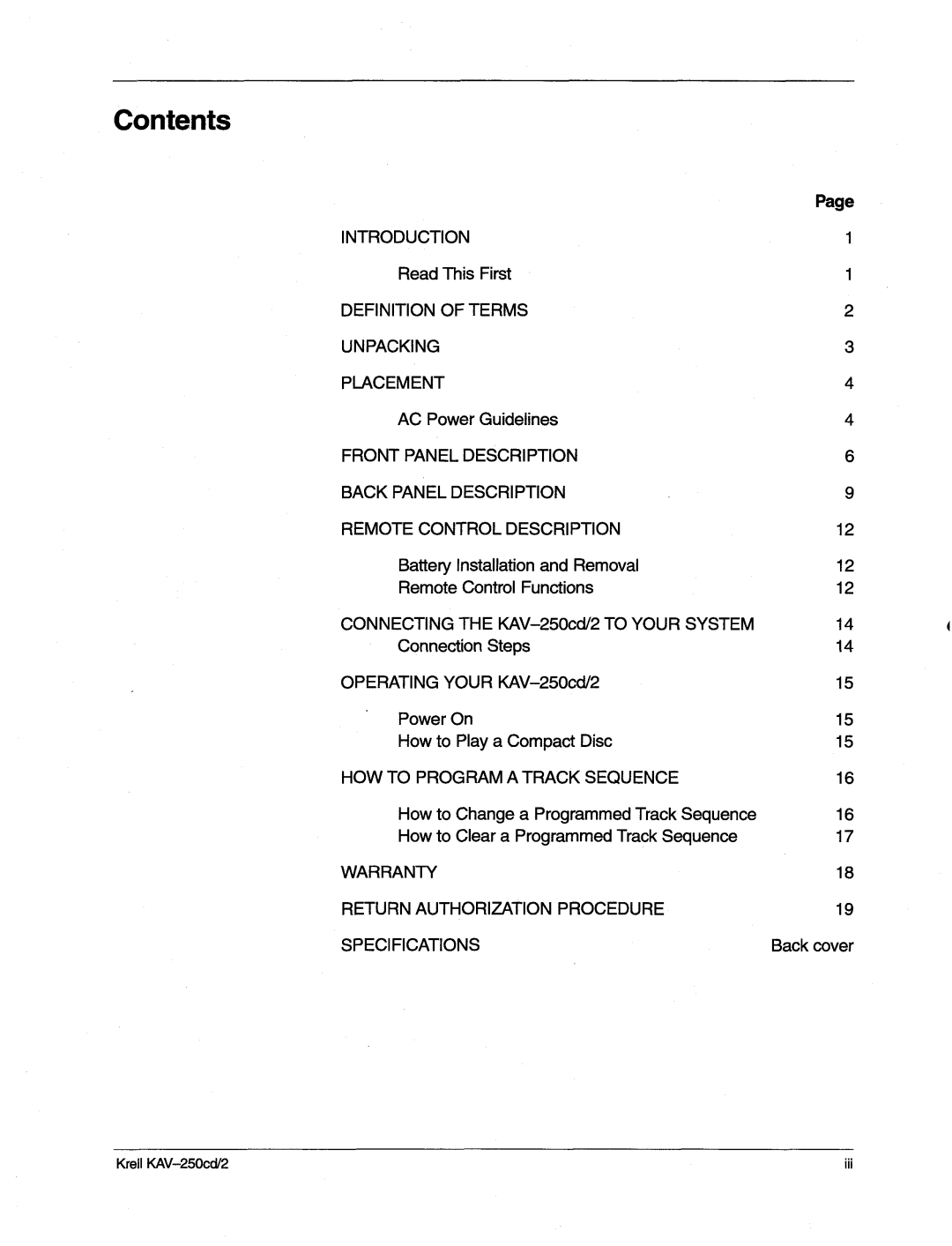 Krell Industries KAV-250cd/2 manual Contents 