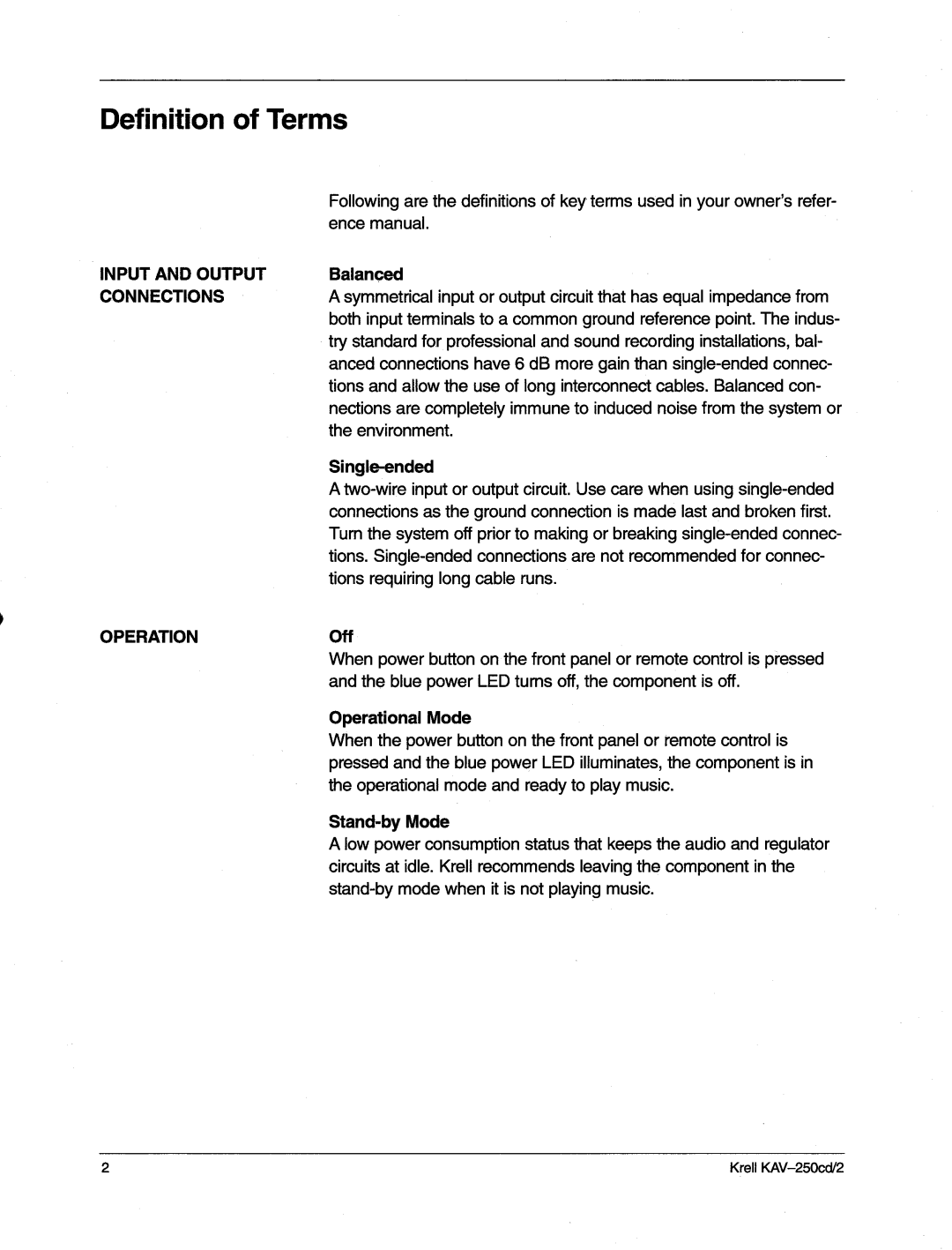 Krell Industries KAV-250cd/2 manual Definition of Terms, Input and Output Connections 