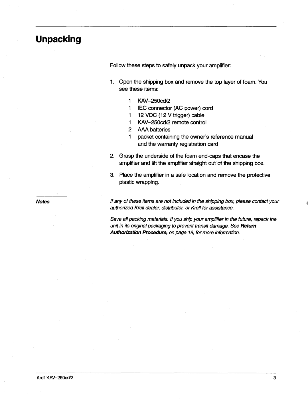 Krell Industries KAV-250cd/2 manual Unpacking 
