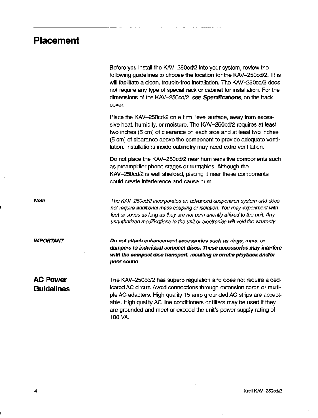 Krell Industries KAV-250cd/2 manual Placement, AC Power Guidelines 