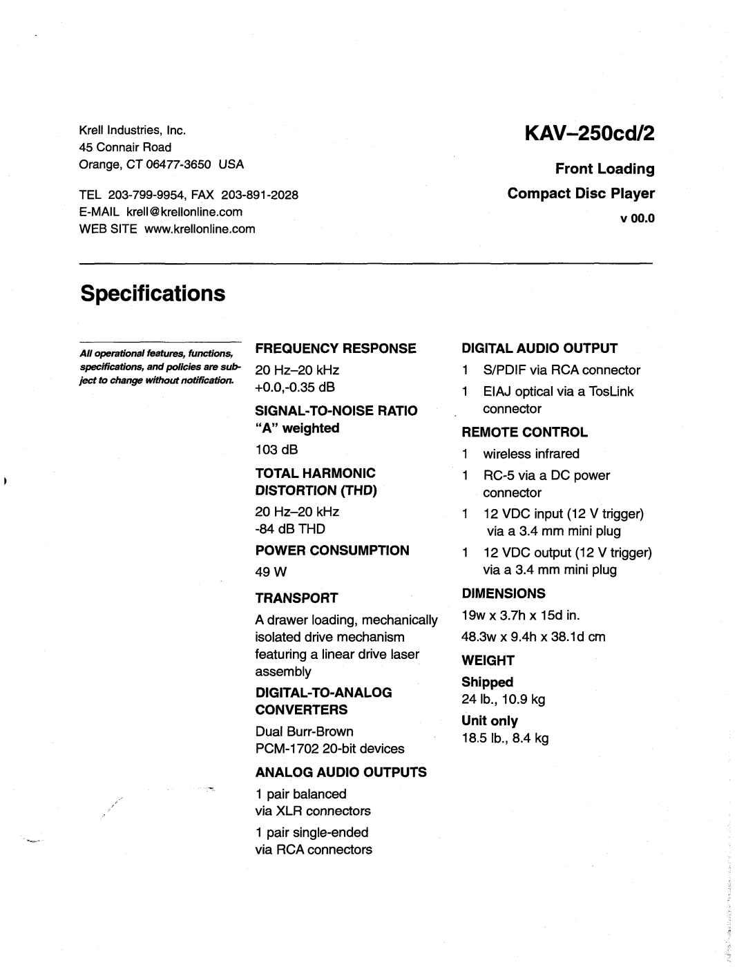 Krell Industries KAV-250cd/2 manual Specifications 
