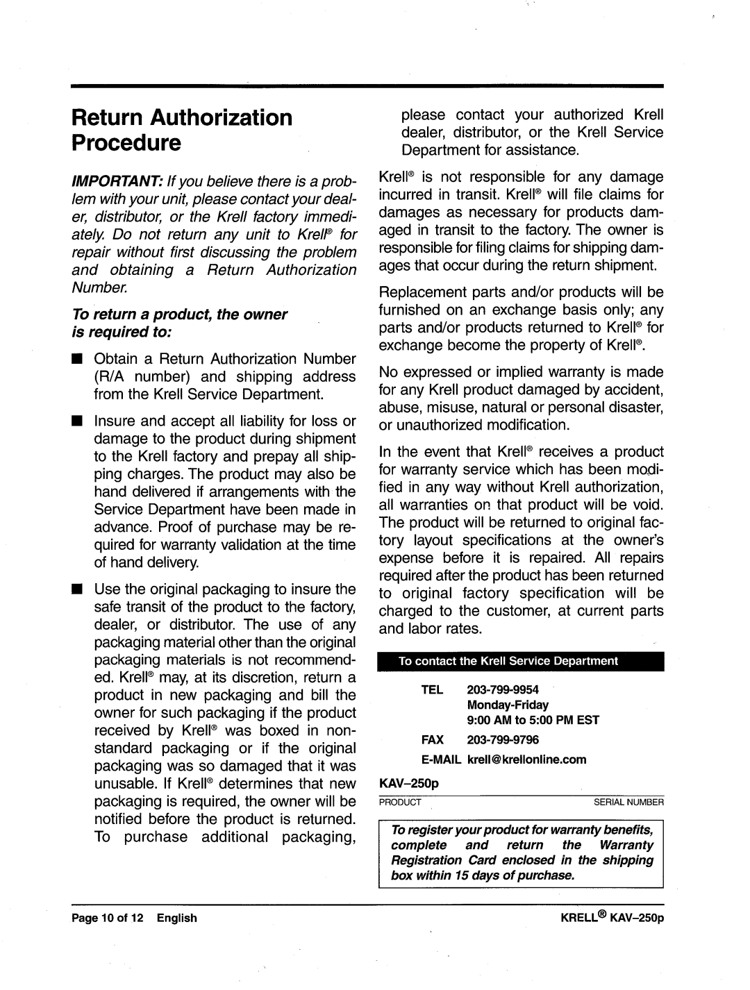 Krell Industries KAV-250p manual ReturnAuthorization Procedure, MAILkrell @krellonline.com 