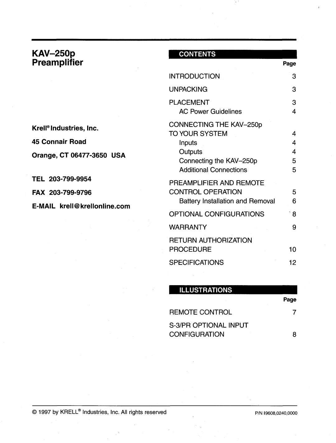 Krell Industries manual KAV-250p Preamplifier 