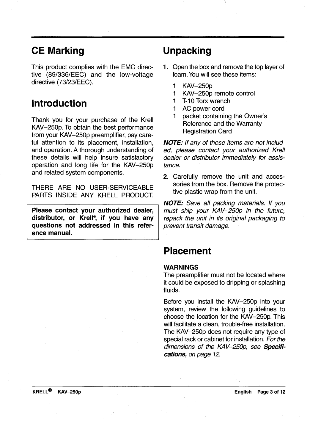 Krell Industries KAV-250p manual CE Marking Unpacking, Introduction, Placement 