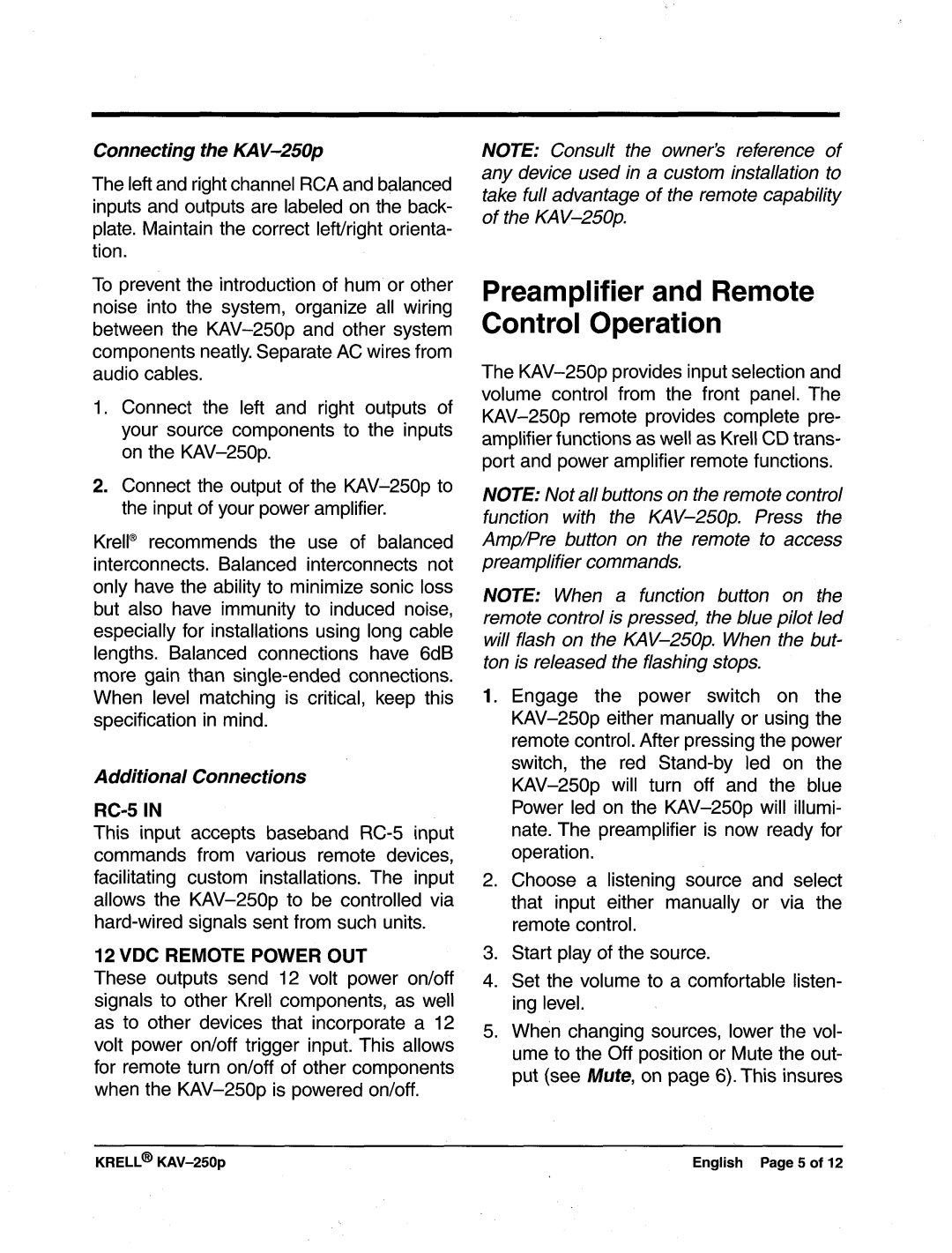 Krell Industries manual Preamplifier and Remote, Control Operation, Connectingthe KAV-250p, Additional Connections 