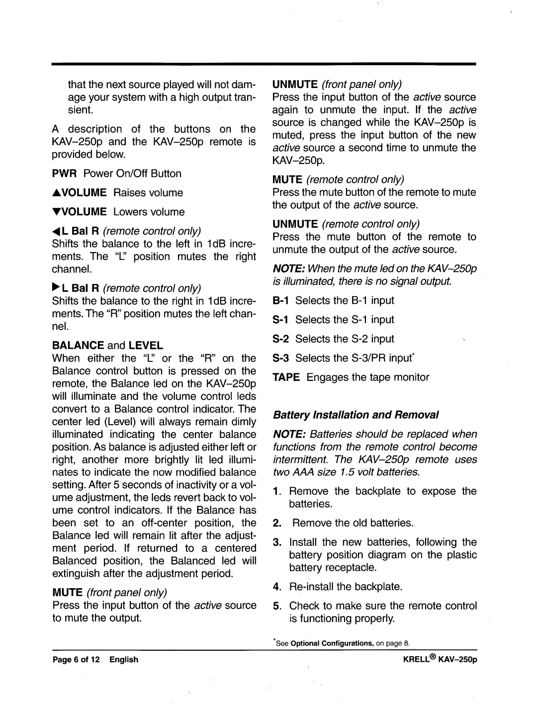 Krell Industries KAV-250p manual BALANCEand Level, BatteryInstallation andRemoval 