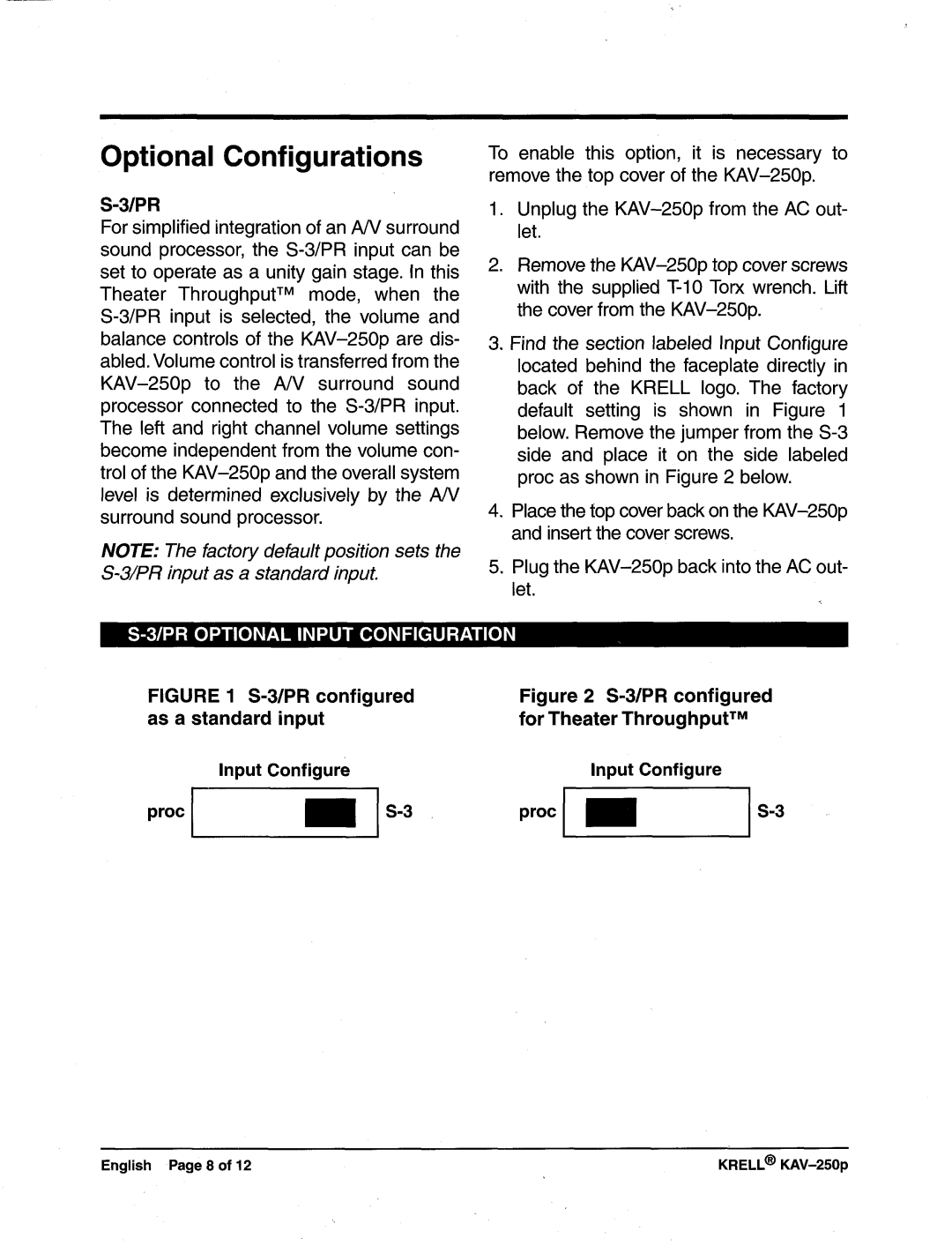 Krell Industries KAV-250p manual Optional Configurations, Optionalinput Configuration 