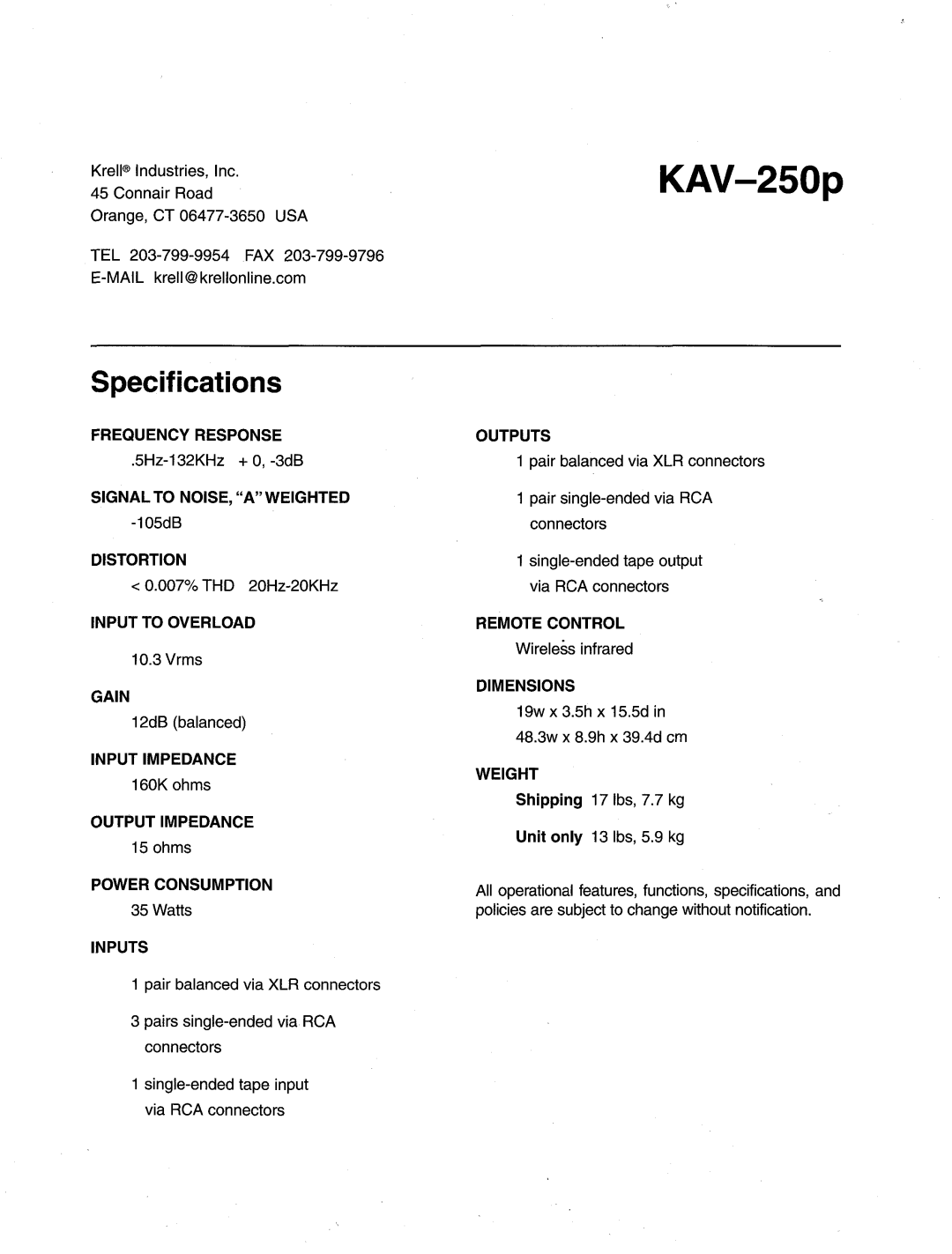 Krell Industries KAV-250p manual Specifications 