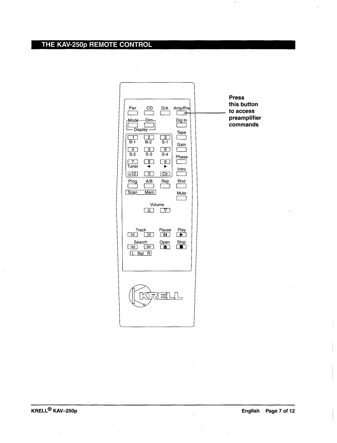 Krell Industries manual THE KAV-250pREMOTECONTROL, Press this button to access preamplifier commands 