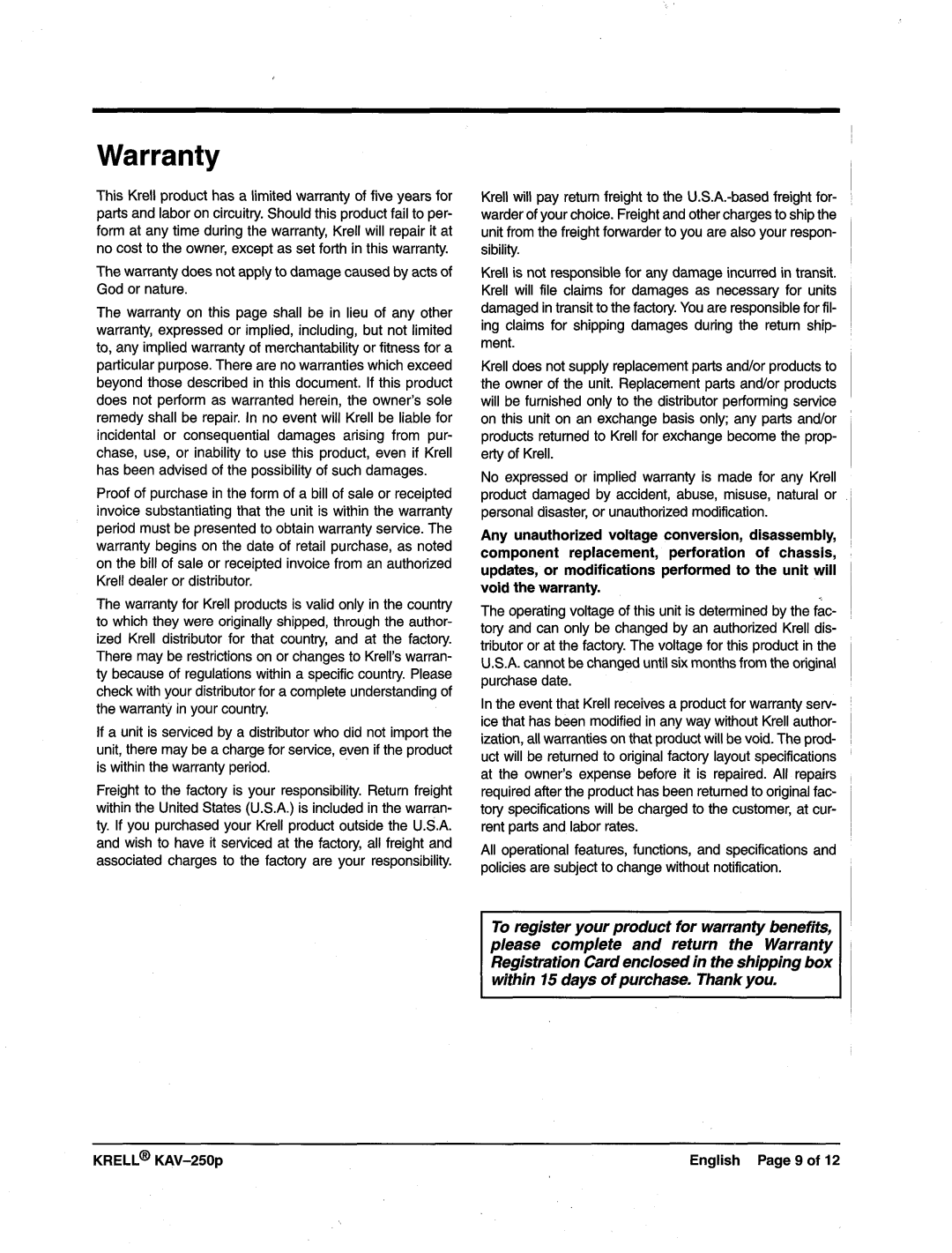 Krell Industries manual Warranty, KRELL KAV-250pEnglish Page9 of 