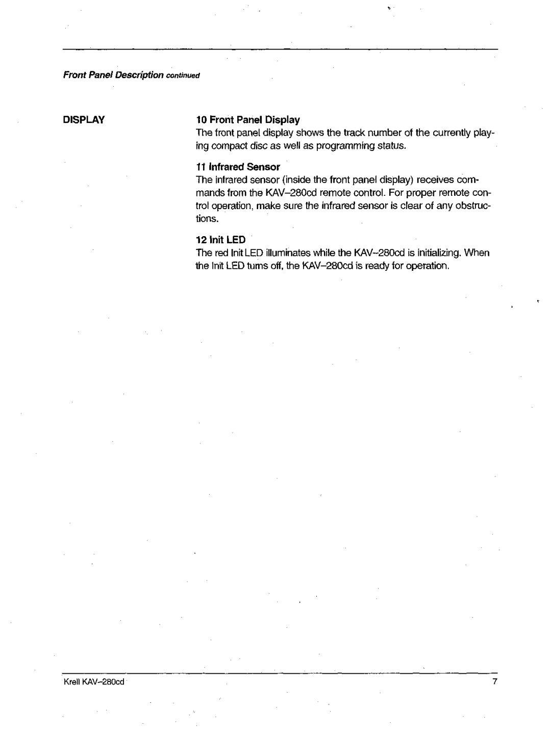 Krell Industries KAV-280cd manual FrontPanelDescription, Front PanelDisplay 