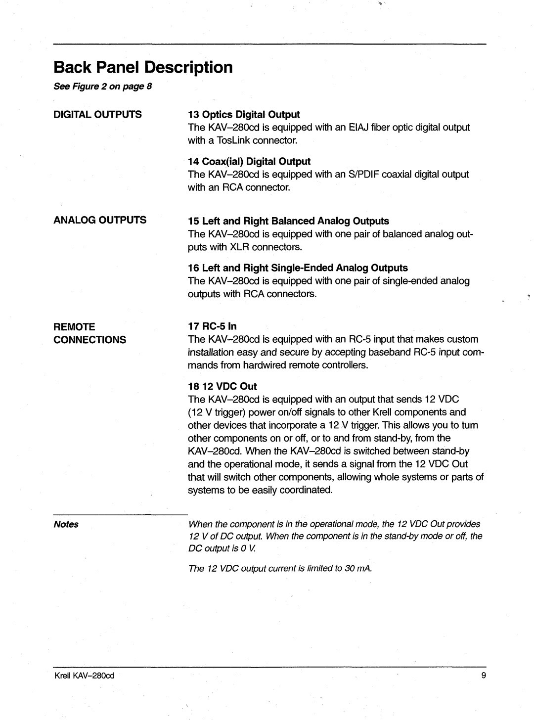 Krell Industries KAV-280cd manual BackPanel Description, SeeFigure2 onpage8, Analog Outputs Remote Connections 