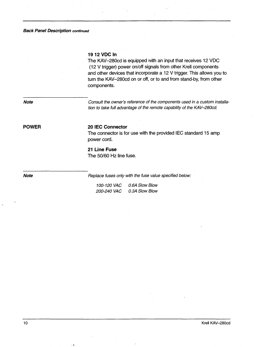 Krell Industries KAV-280cd manual BackPanelDesCription, 19 12 VDCIn, Power, IEC Connector 