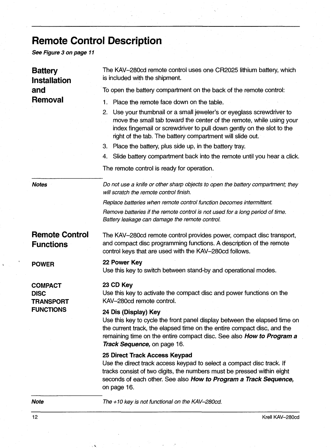 Krell Industries KAV-280cd manual RemoteControl Description, Battery Installation and Removal, SeeFigure3 onpage11 