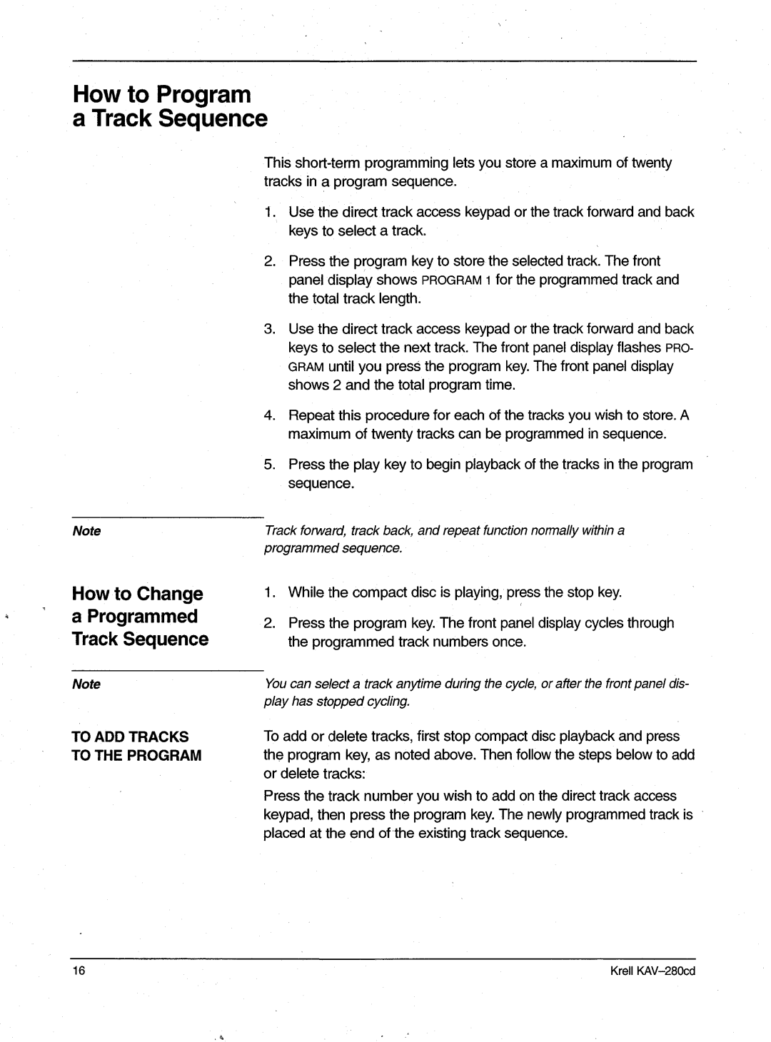 Krell Industries KAV-280cd manual Howto Program Track Sequence, Howto Change Programmed Track Sequence 