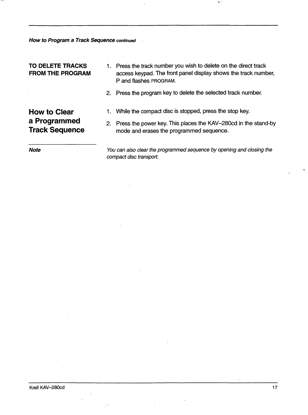 Krell Industries KAV-280cd manual Howto Clear Programmed Track Sequence, Howto Program TrackSequence 