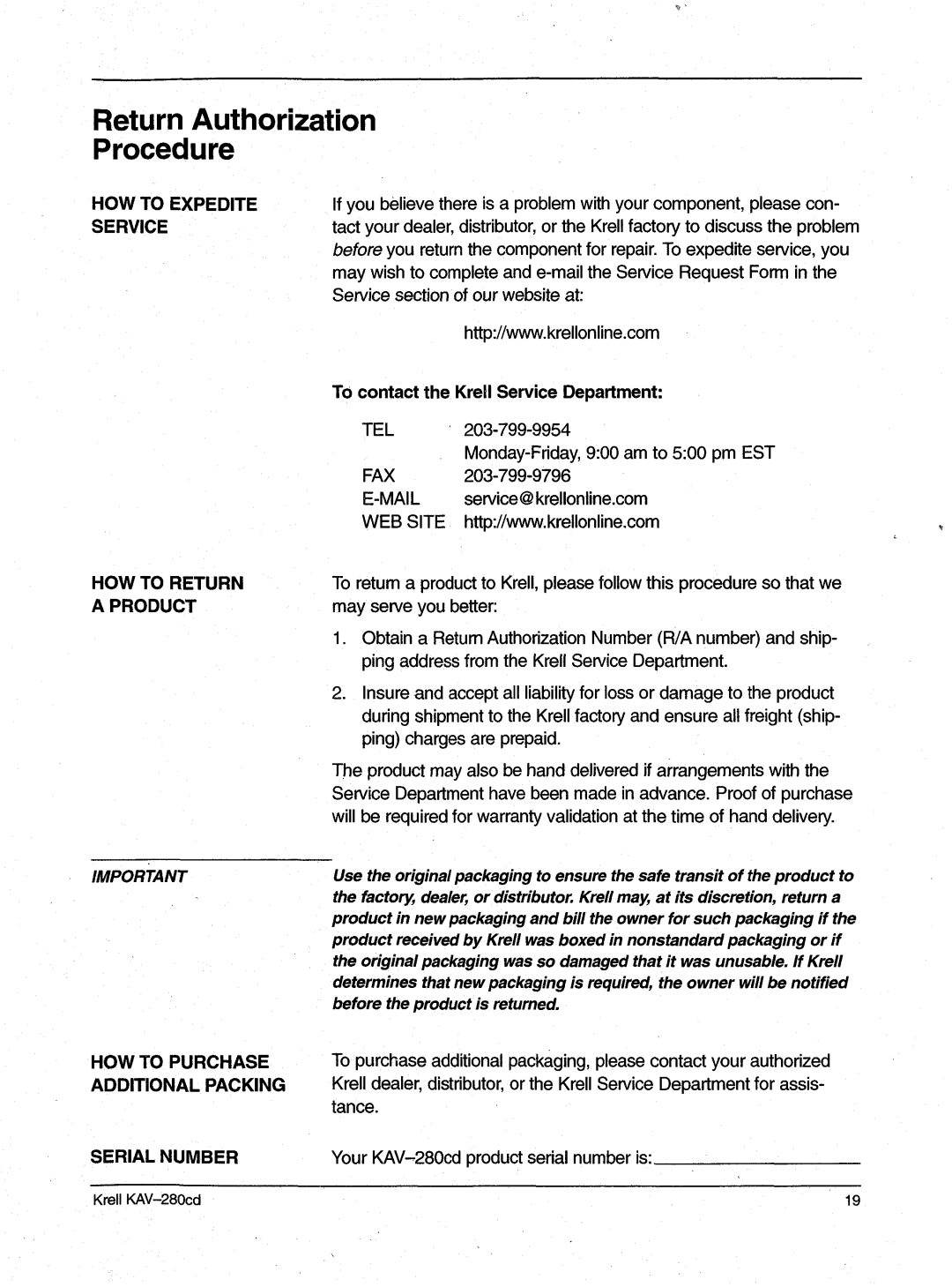 Krell Industries KAV-280cd manual ReturnAuthorization Procedure, Beforethe productis returned 