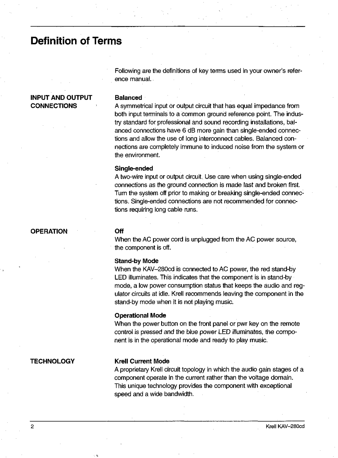 Krell Industries KAV-280cd manual Definition of Terms, Input and Output, Connections, Operation, Technology 