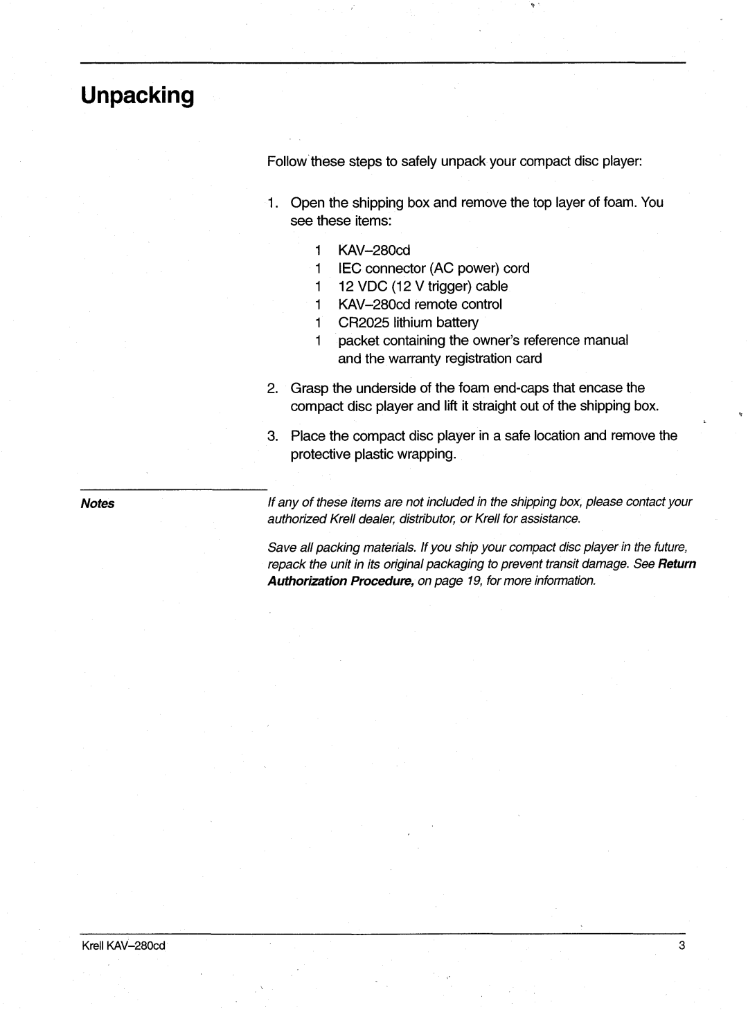 Krell Industries KAV-280cd manual Unpacking 