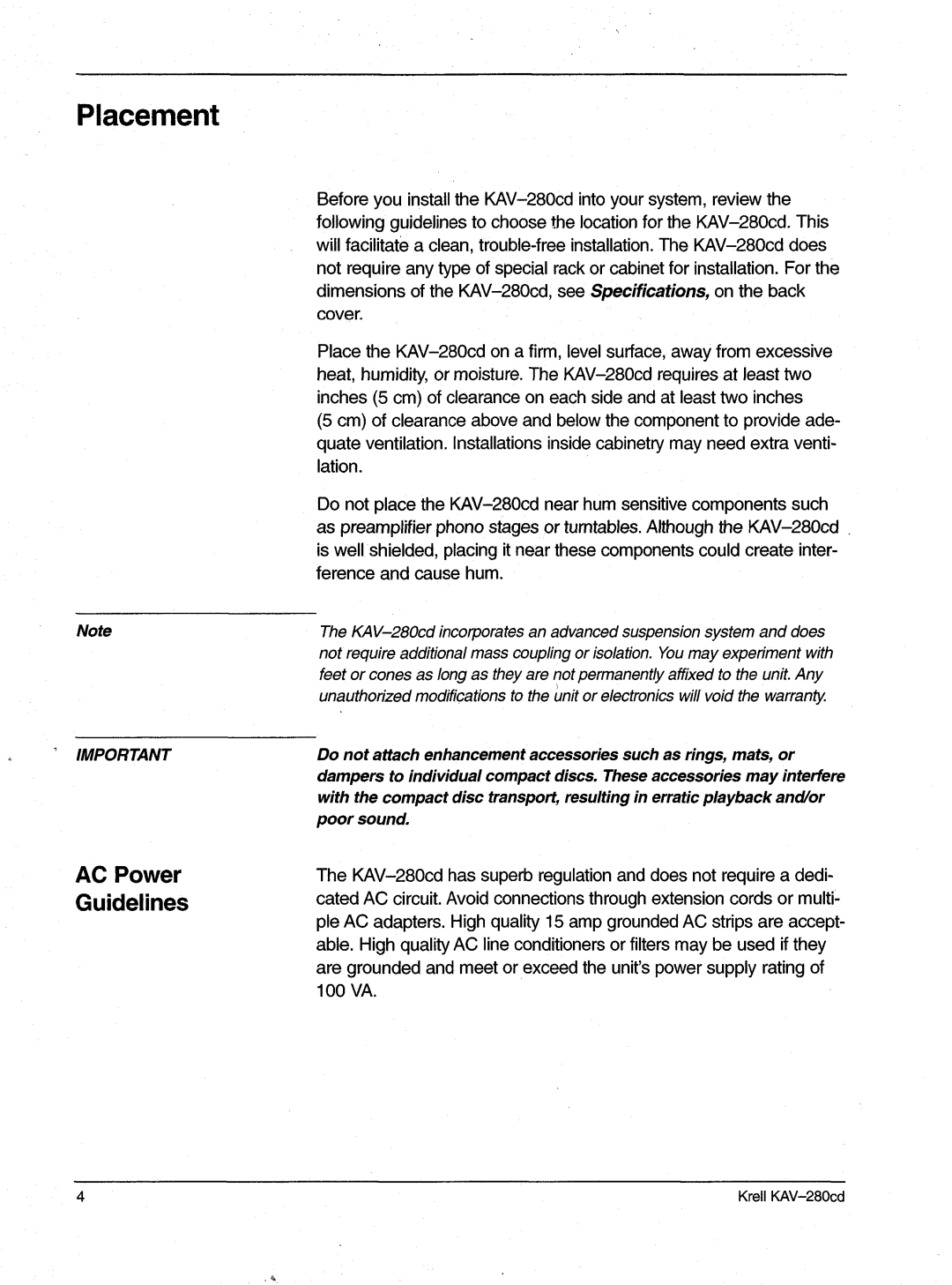 Krell Industries KAV-280cd manual Placement, AC Power Guidelines 