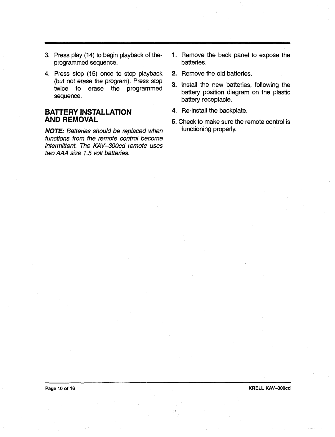 Krell Industries KAV-300cd manual Batteryinstallation Removal 