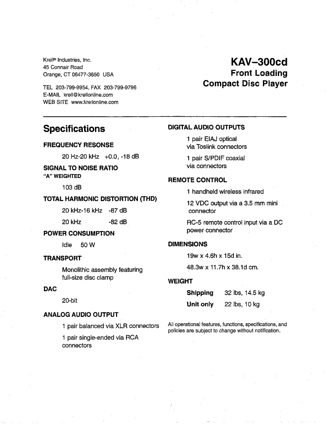 Krell Industries KAV-300cd manual 