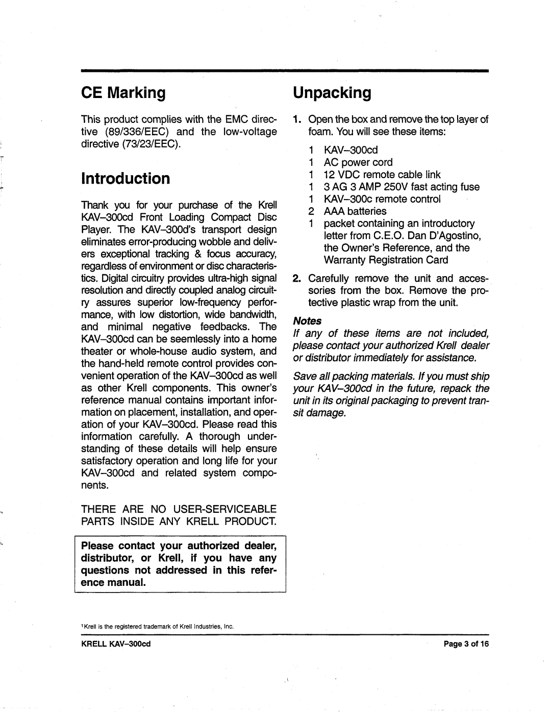 Krell Industries KAV-300cd manual CE Marking Unpacking, Introduction 