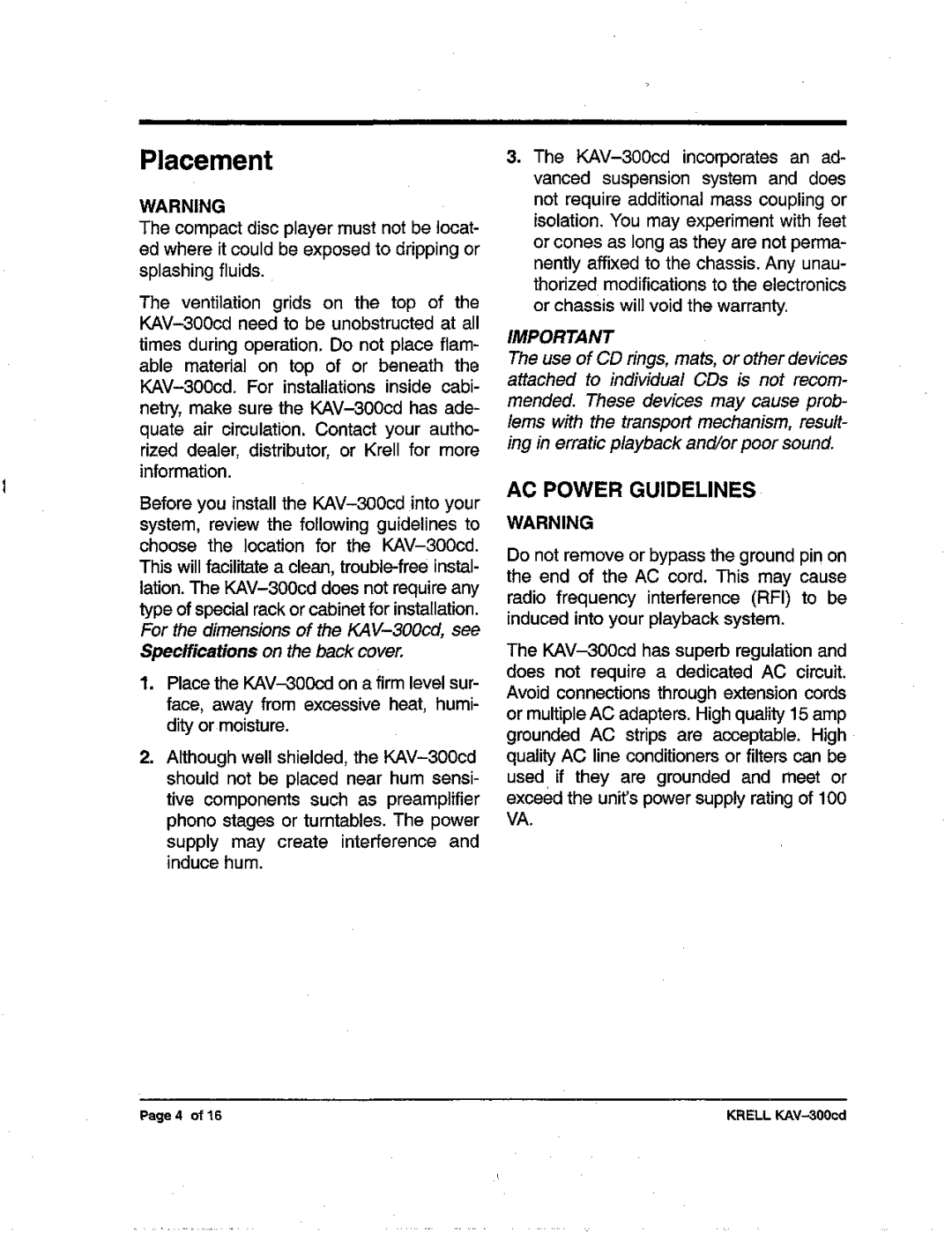 Krell Industries KAV-300cd manual Placement, AC Powerguidelines 