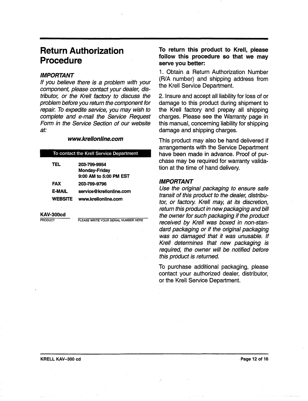 Krell Industries KAV-300cd manual ReturnAuthorization Procedure 