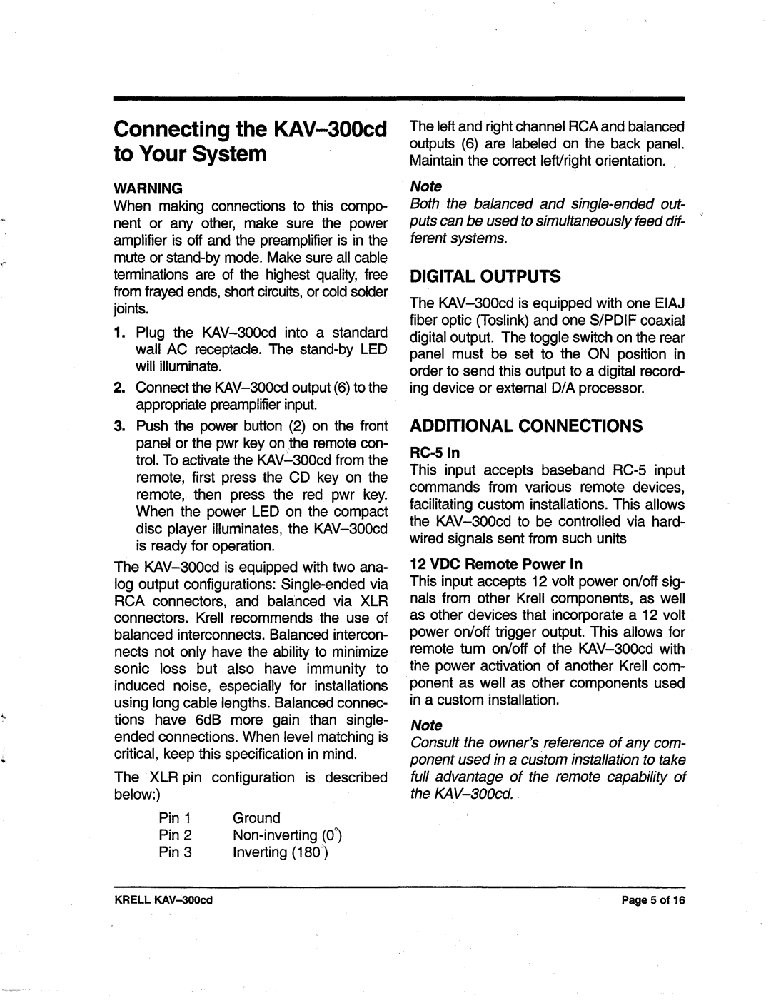 Krell Industries manual Connectingthe KAV-300cdto Your System, Digital Outputs, Additionalconnections, RC-5In 