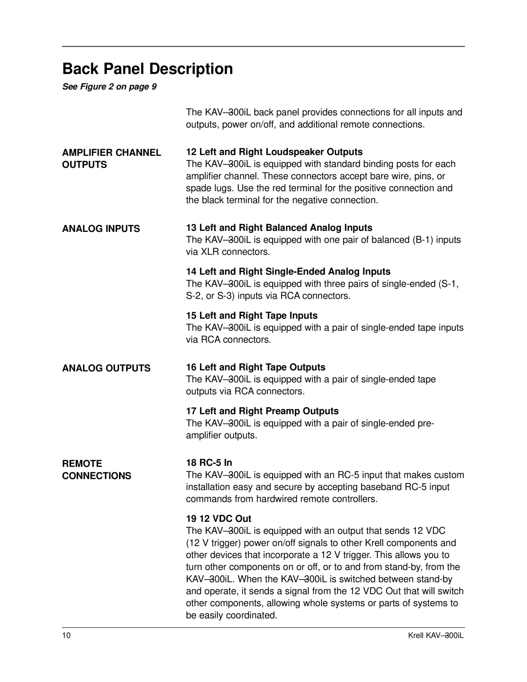 Krell Industries KAV-300IL manual Back Panel Description, Amplifier Channel Outputs 