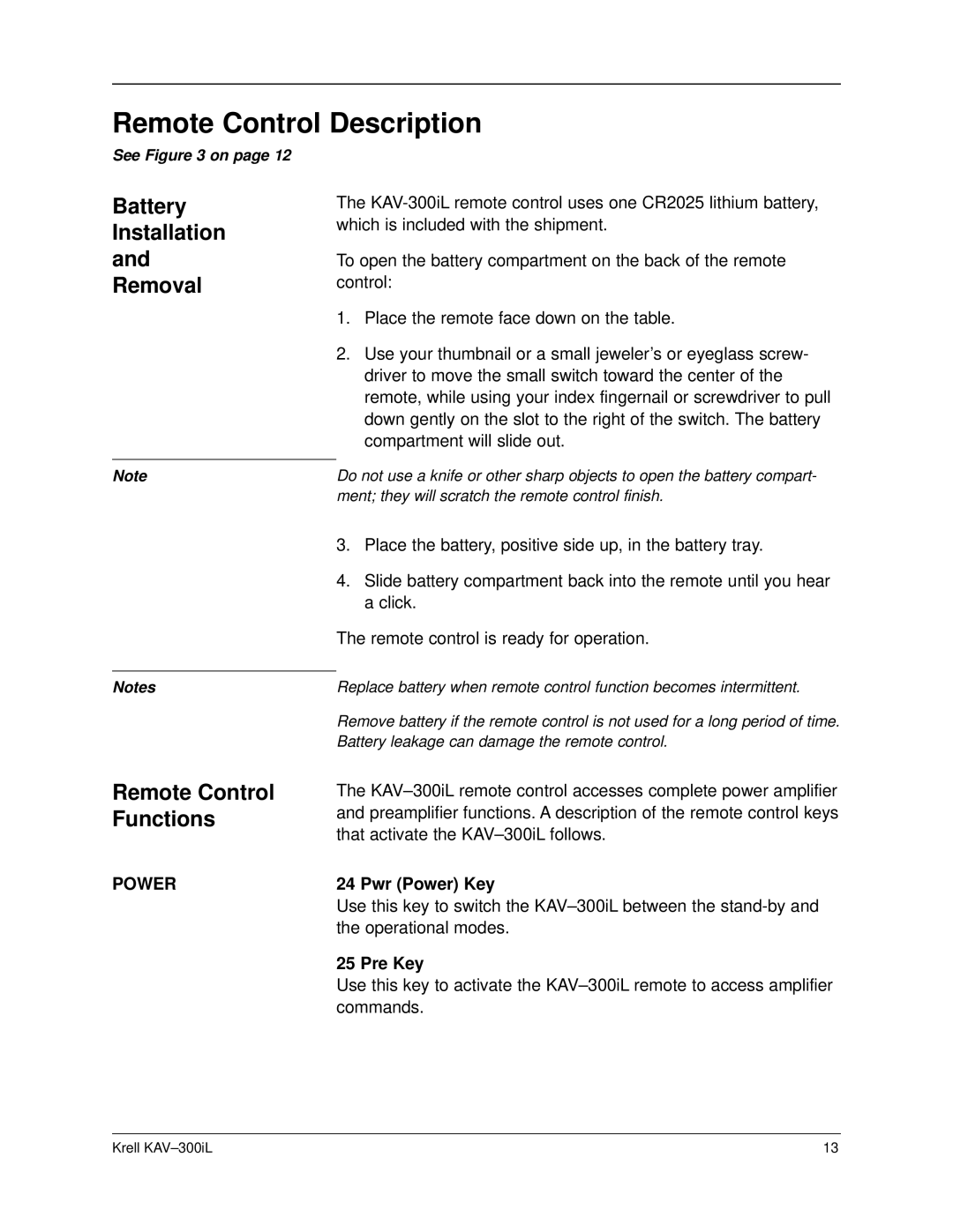 Krell Industries KAV-300IL Remote Control Description, Battery Installation and Removal, Remote Control Functions, Pre Key 