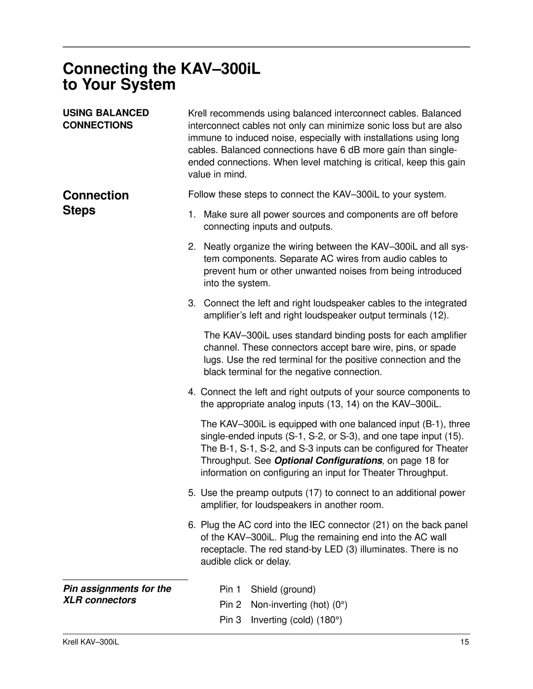 Krell Industries KAV-300IL manual Connecting the KAV-300iL to Your System, Connection Steps, Using Balanced Connections 