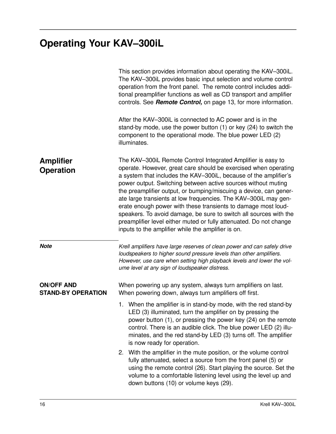 Krell Industries KAV-300IL manual Operating Your KAV-300iL, Amplifier Operation, On/Off, STAND-BY Operation 