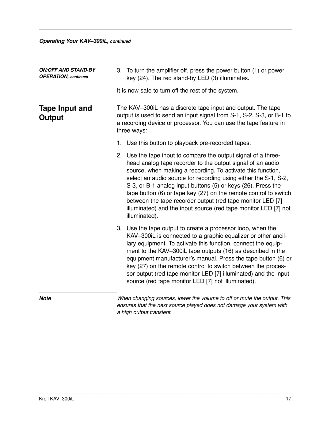 Krell Industries KAV-300IL manual Tape Input and Output 