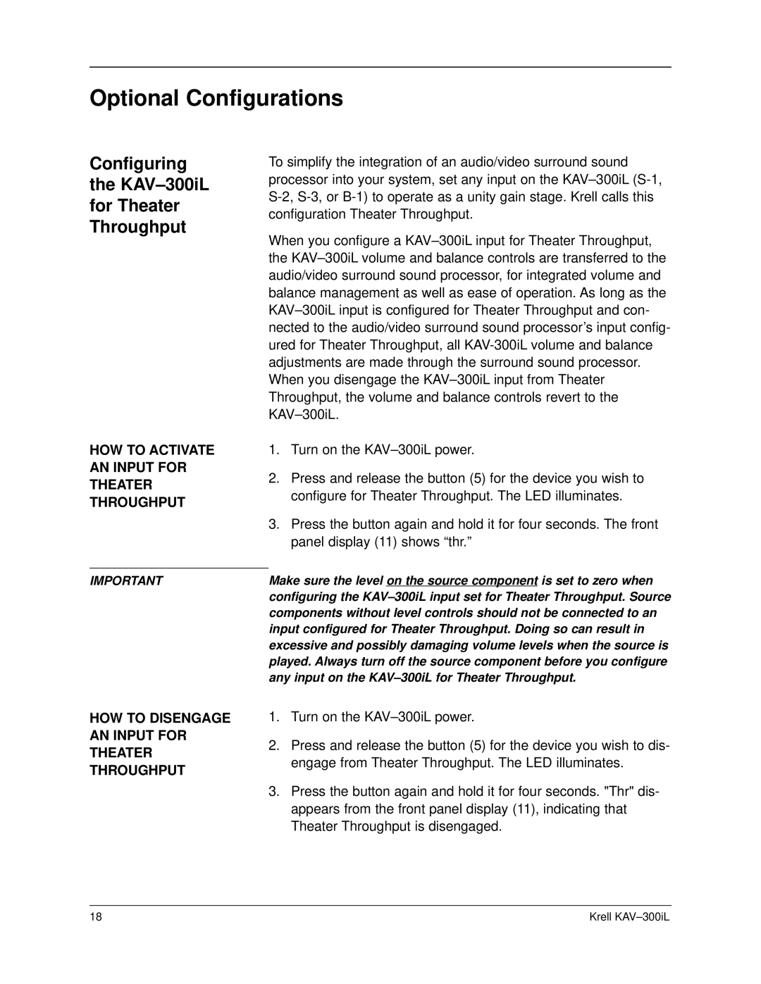 Krell Industries KAV-300IL manual Optional Configurations, HOW to Activate AN Input for Theater Throughput 