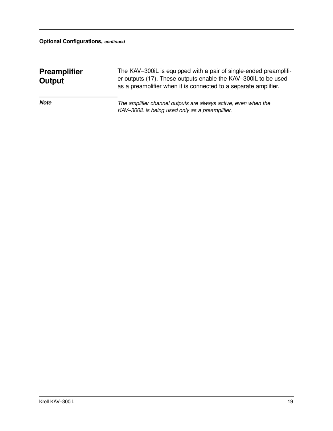 Krell Industries KAV-300IL manual Preamplifier Output 