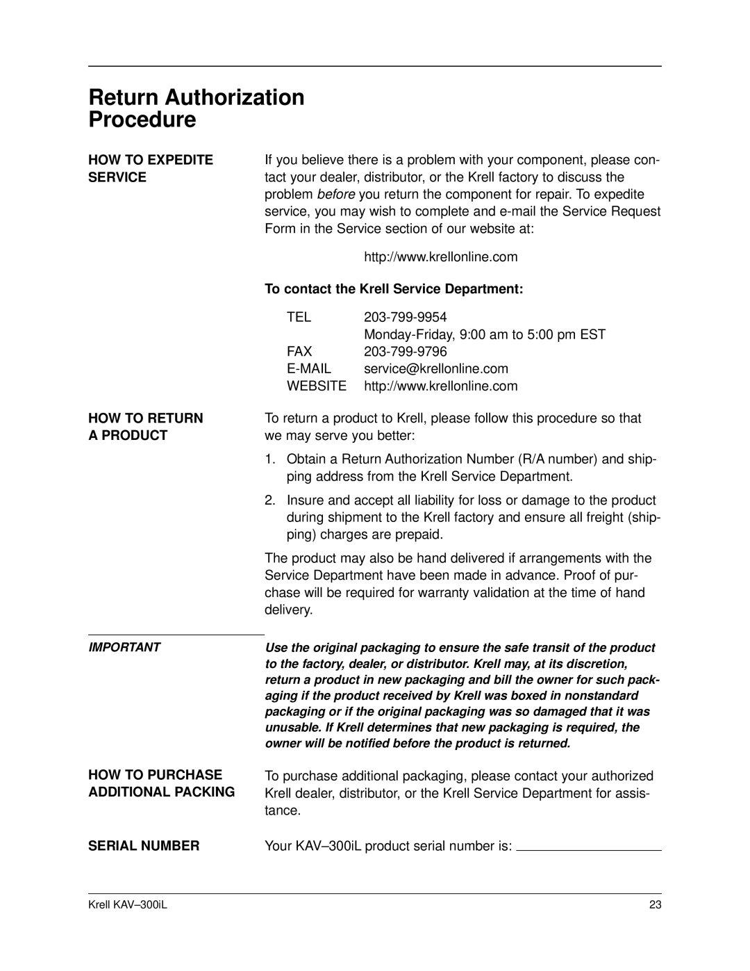 Krell Industries KAV-300IL manual Return Authorization Procedure 