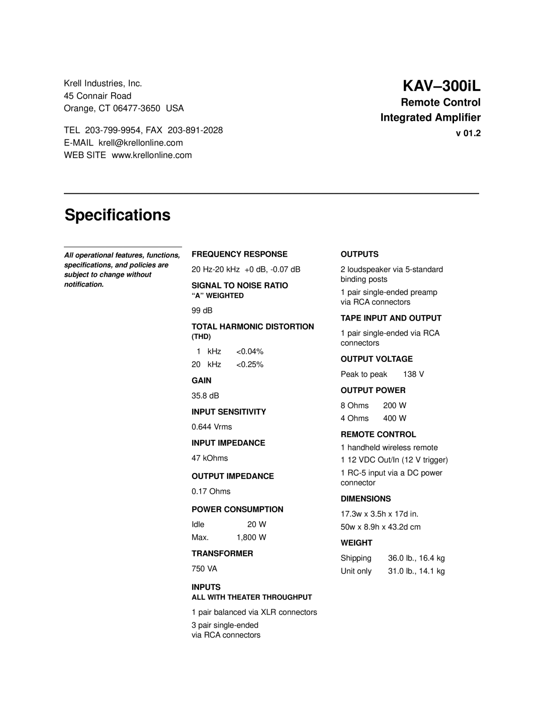 Krell Industries KAV-300IL manual Specifications, Inputs 