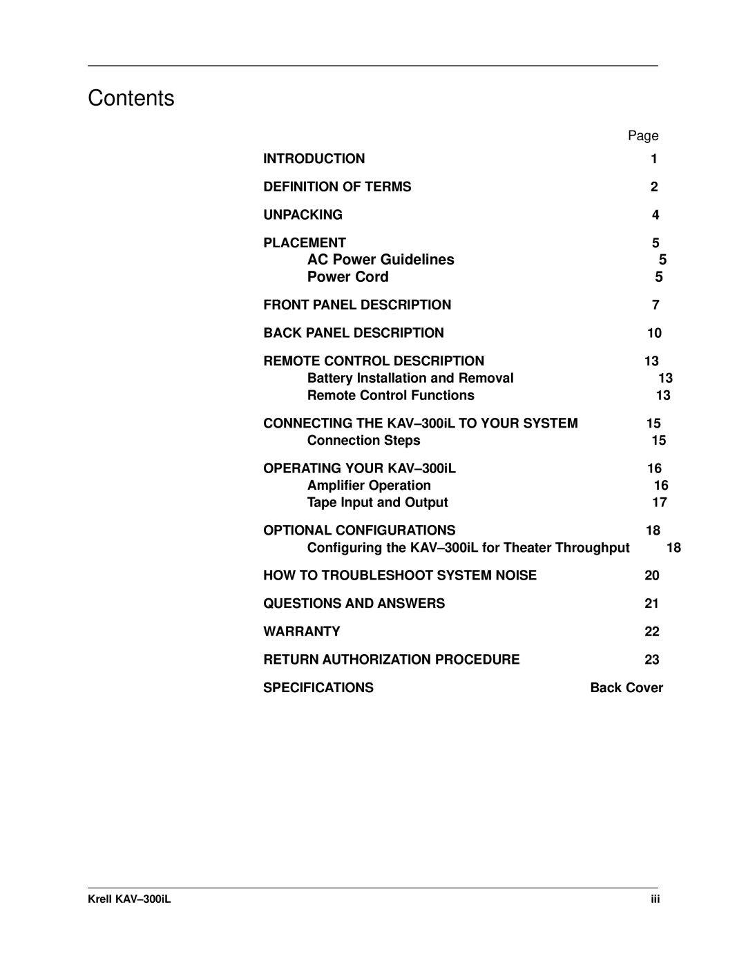 Krell Industries KAV-300IL manual Contents 