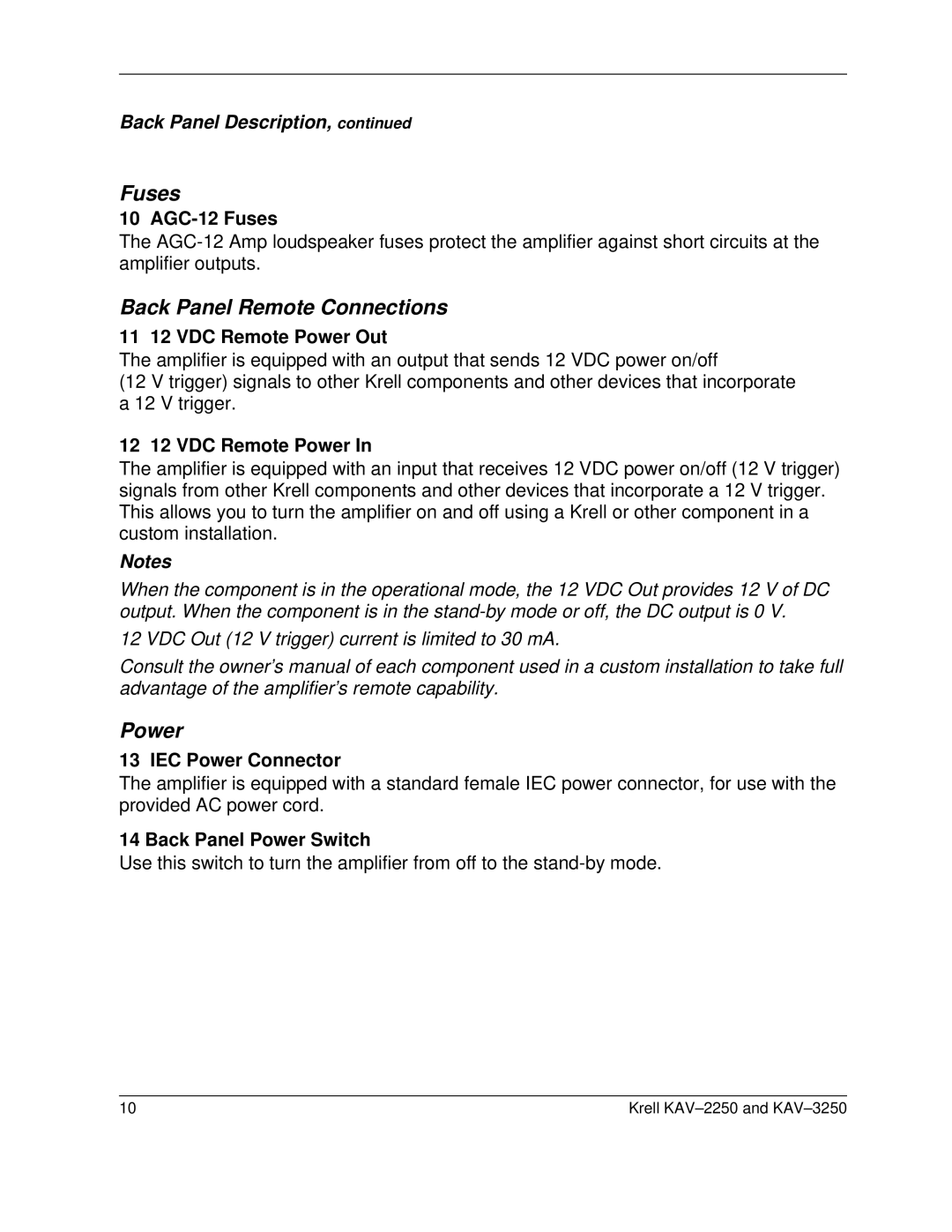 Krell Industries KAV2250, KAV 3250 manual Back Panel Description 