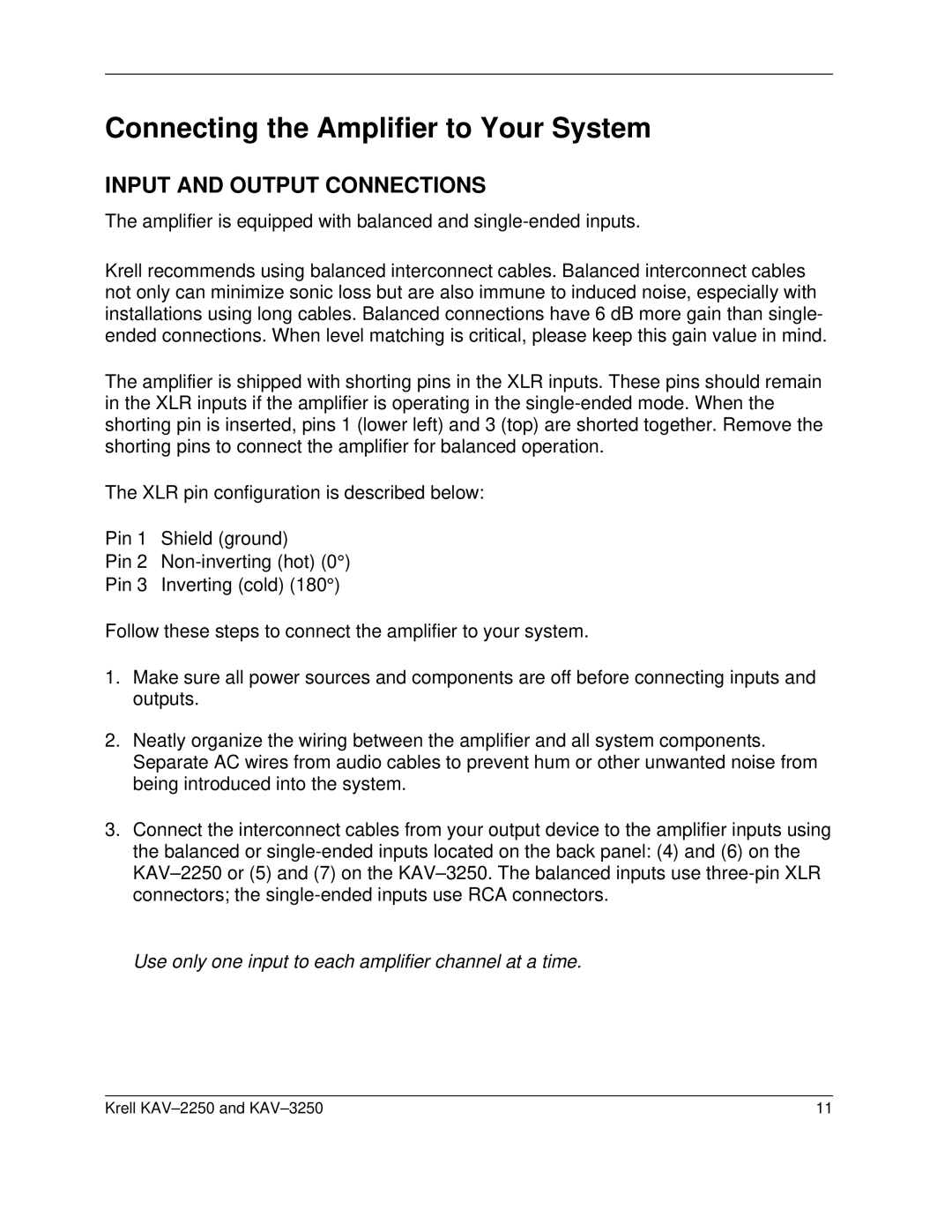 Krell Industries KAV 3250, KAV2250 manual Connecting the Amplifier to Your System, Input and Output Connections 