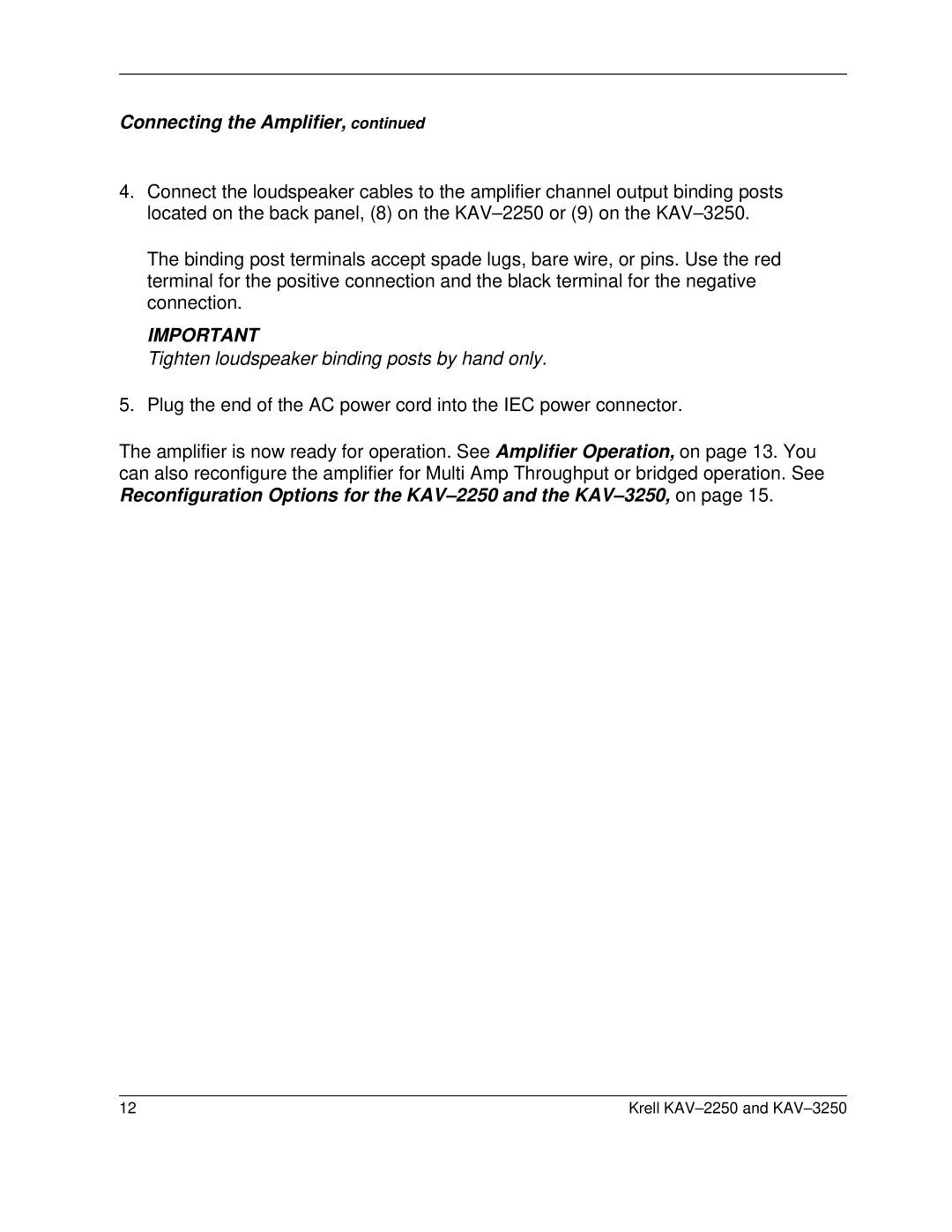 Krell Industries KAV2250, KAV 3250 manual Connecting the Amplifier 