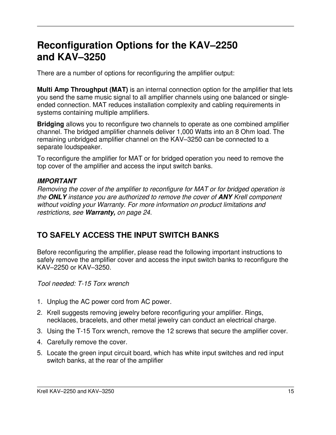 Krell Industries KAV 3250 Reconfiguration Options for the KAV-2250 and KAV-3250, To Safely Access the Input Switch Banks 